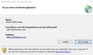 Security warning dialog - do you want to install this application?