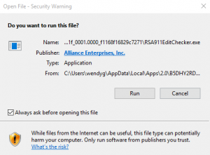 Security warning: Do you want to run this file? dialog box